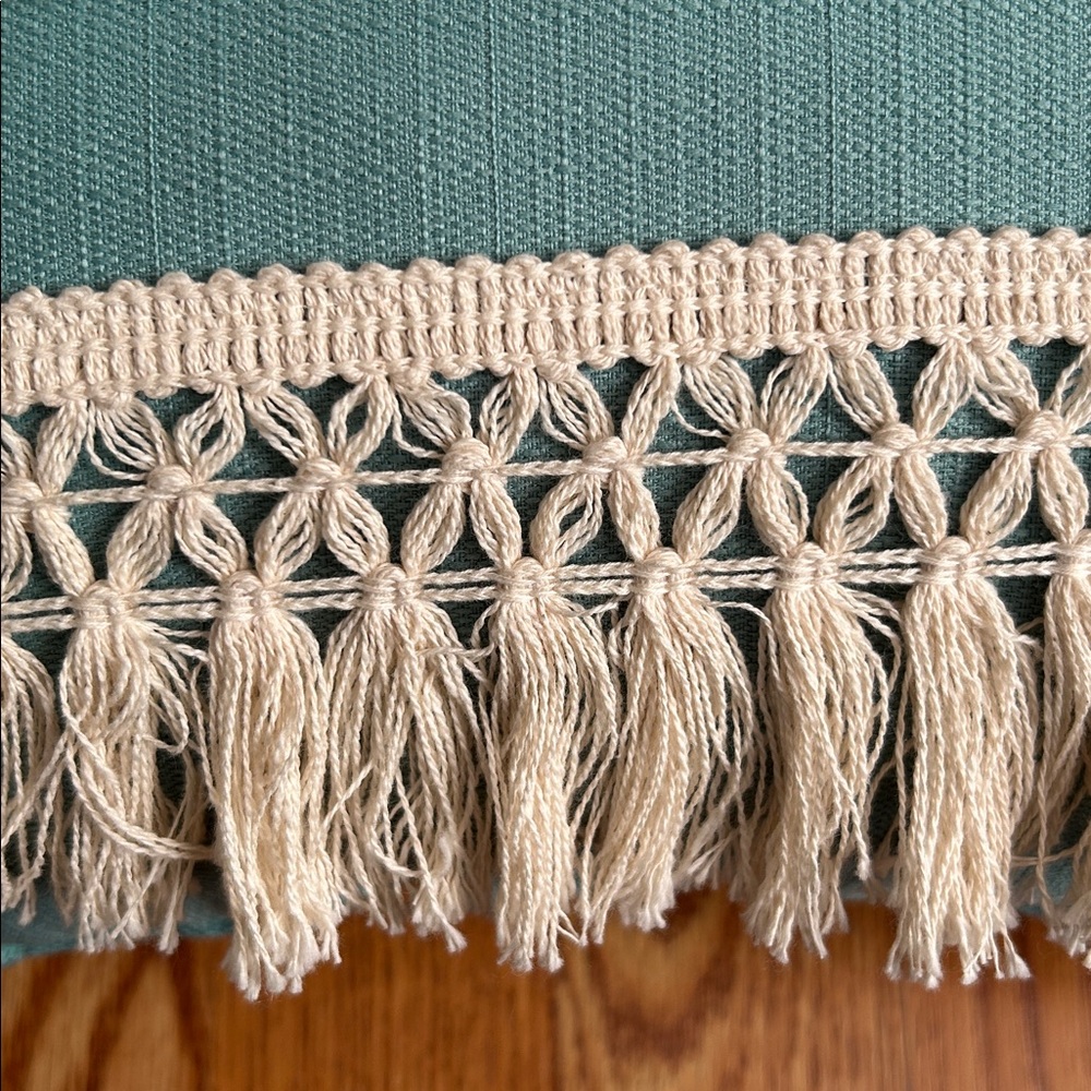 Boho Teal and Cream Decorative Pillow with Fringe 18x13 inches Crochet Lace - Picture 6 of 9